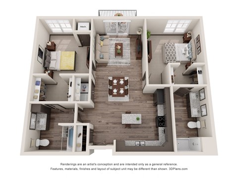 Floor plan for 2 beds, 2 baths, 993 sqft